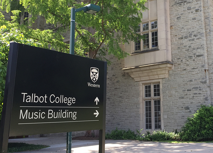 Directional sign outside Talbot College and Music Building