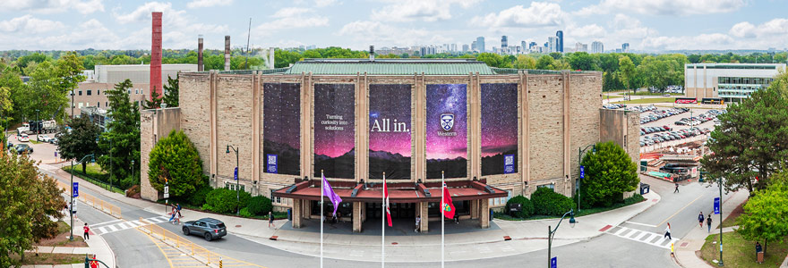 Western launched its "All in" Campaign on Sept. 26. Banners announcing the campaign can be seen across campus, including on Alumni Hall. (Steve Anderson/Western Communications)
