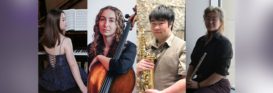 2026 concerto competition winners (L to R) Andrea He, Abigail Greenland, Evan Chenge, and runner up Yiping Zhang