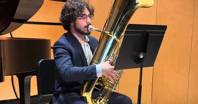 Daniel Montaseri performing on tuba in Moscovich Recital Hall