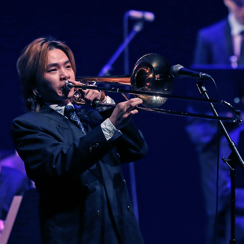 Trombone player performing in the Jazz Ensemble