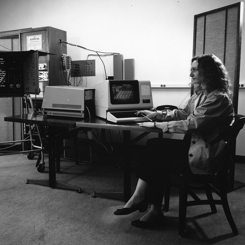 A student working on spectral analysis in a computer lab in the 1980s