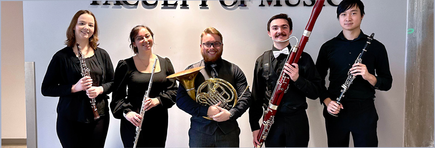 (l to r) Katie Kirkpatrick, flute, Biz Tucker, oboe, Harry Zheng, clarinet, Jeffrey Vézina-Goodwin, horn, and Oskar Martínez, bassoon