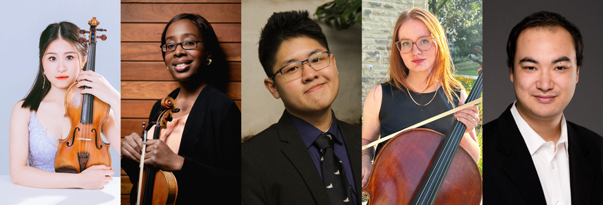 (l to r) Chia-Hsuan Chen, violin, Yanet Campbell Secades, violin, Tasman Tantasawat, viola, Eve Thompson, cello, and Ellis Yuen-Rapati, viola