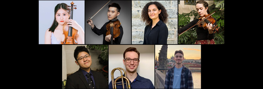 (top, L to R) Chia-Hsuan Chen and Ivan Li (violins), Miriam Elsawi, Rachel Miner and Tasman Tantasawat (violas); (bottom, L to R) Luke Roussy (bass trombone) and Andrew Busch (percussion)