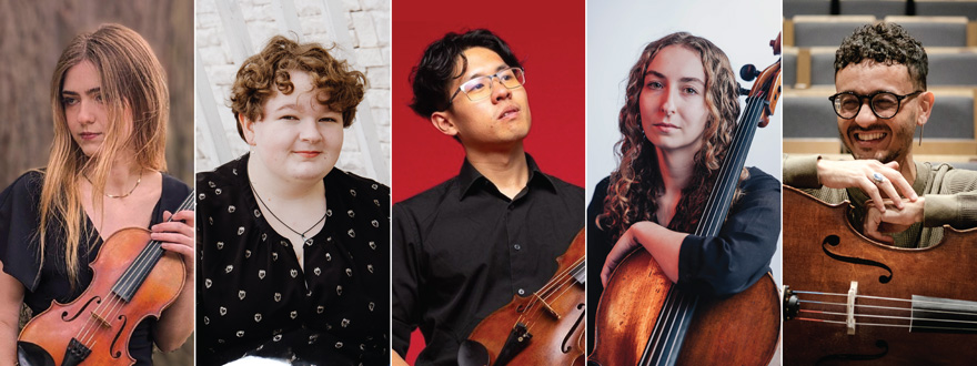2026 London Symphonia Fellows (l-r) Erin Van Dyke, violin, Cian Diamond, viola, Tasman Tantasawat, viola, Abi Greenland, cello, Deverson Correia, cello