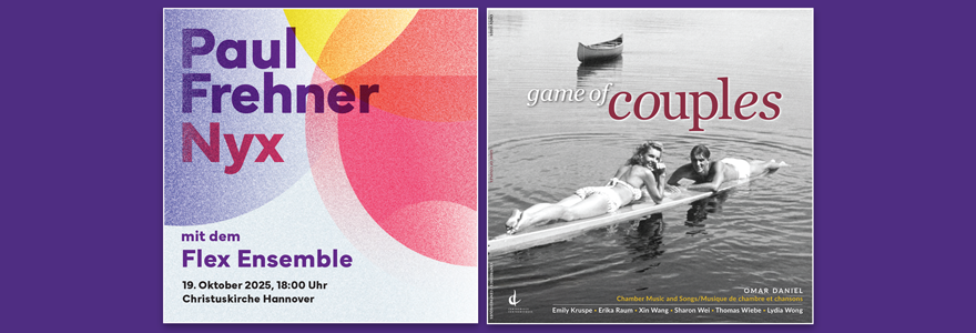 An event poster for a performance of Paul Frehner's Nyx, and cover art from Omar Daniel's Game of Couples recording.