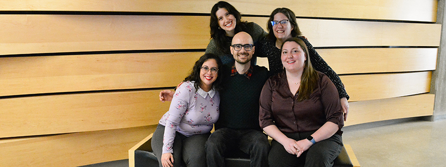 (l-r): Rena Roussin, Alyssa Cottle, Alberto Acquilino, Kristin Franseen, Natalie Miller gathered outside of von Kuster Hall in the Music Building at Western University